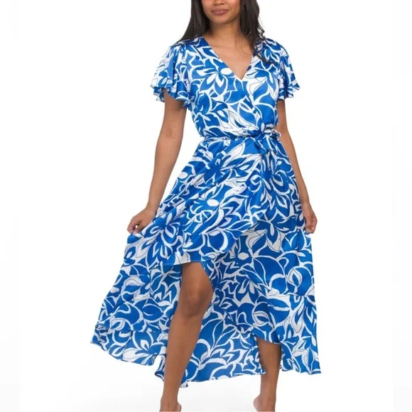 Nicole Miller | Dresses | Nicole Miller Blue And White Floral Faux Wrap  Midi Dress W Ruffled Hem | Poshmark
